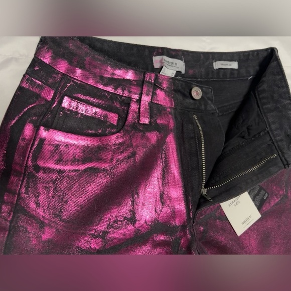 Forever 21 Metallic Foil Pink Black Straight Leg Jeans 26 - Picture 10 of 16
